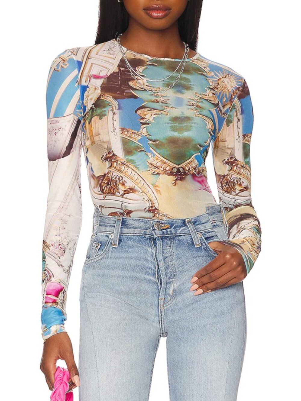 Miaou x Paloma Elsesser Baroque Long Sleeve Mesh Tee NWT Size S